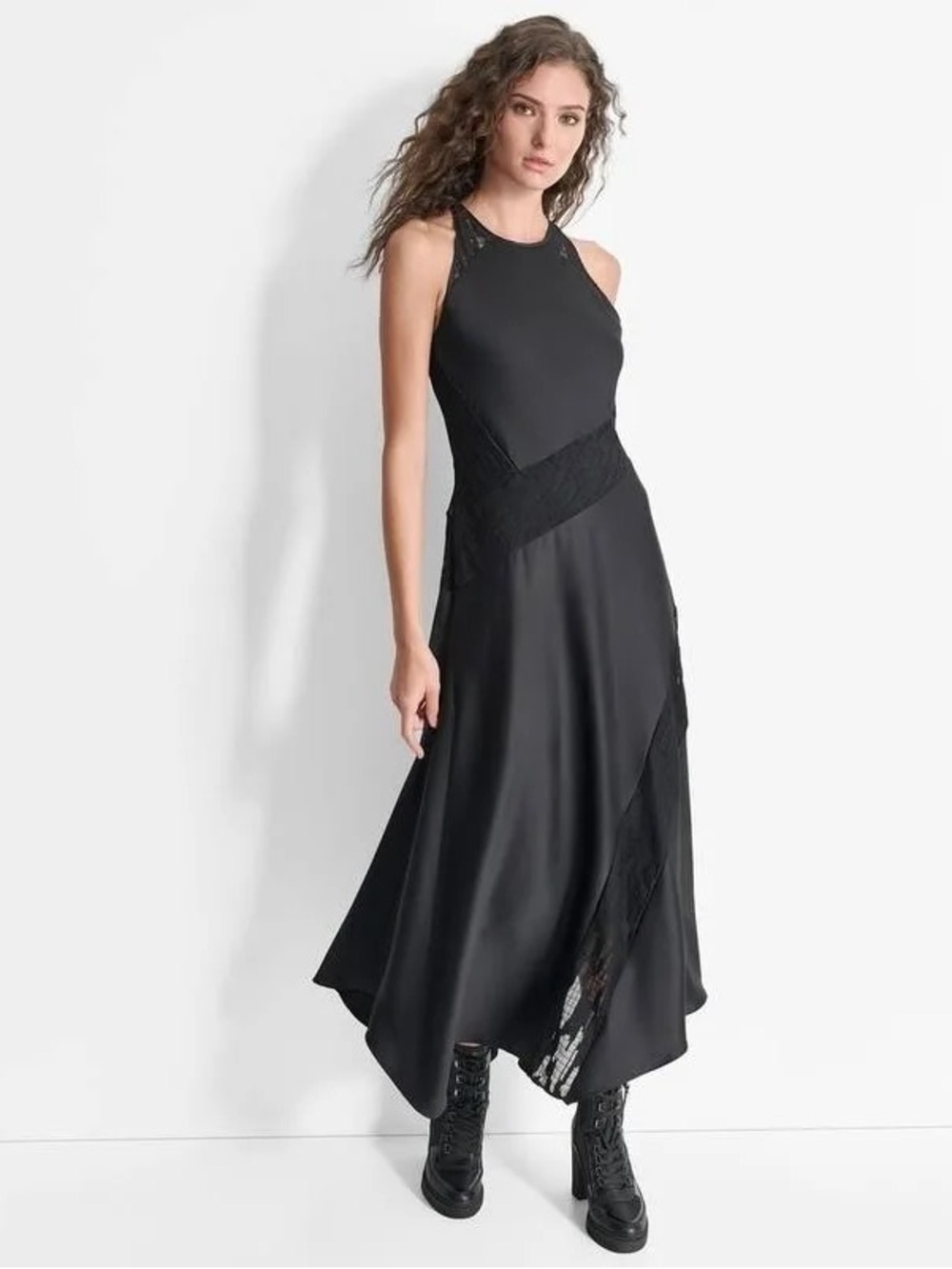 DKNY Black Sleeveless Maxi Dress with Diagonal Lace Insets